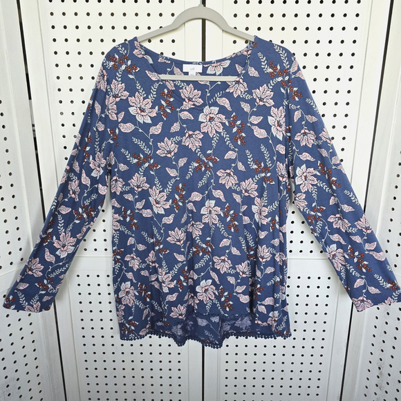 J. Jill Tops - J Jill V Neck Long Sleeve Blue Floral Tee Shirt Top Womens SIZE L